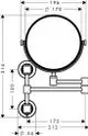 Runder Rasierspiegel mit anpassbarem Arm, grafische Darstellung der Dimensionen und Ausführung. Produkt von AXOR, geeignet für Wandmontage in Badezimmern.